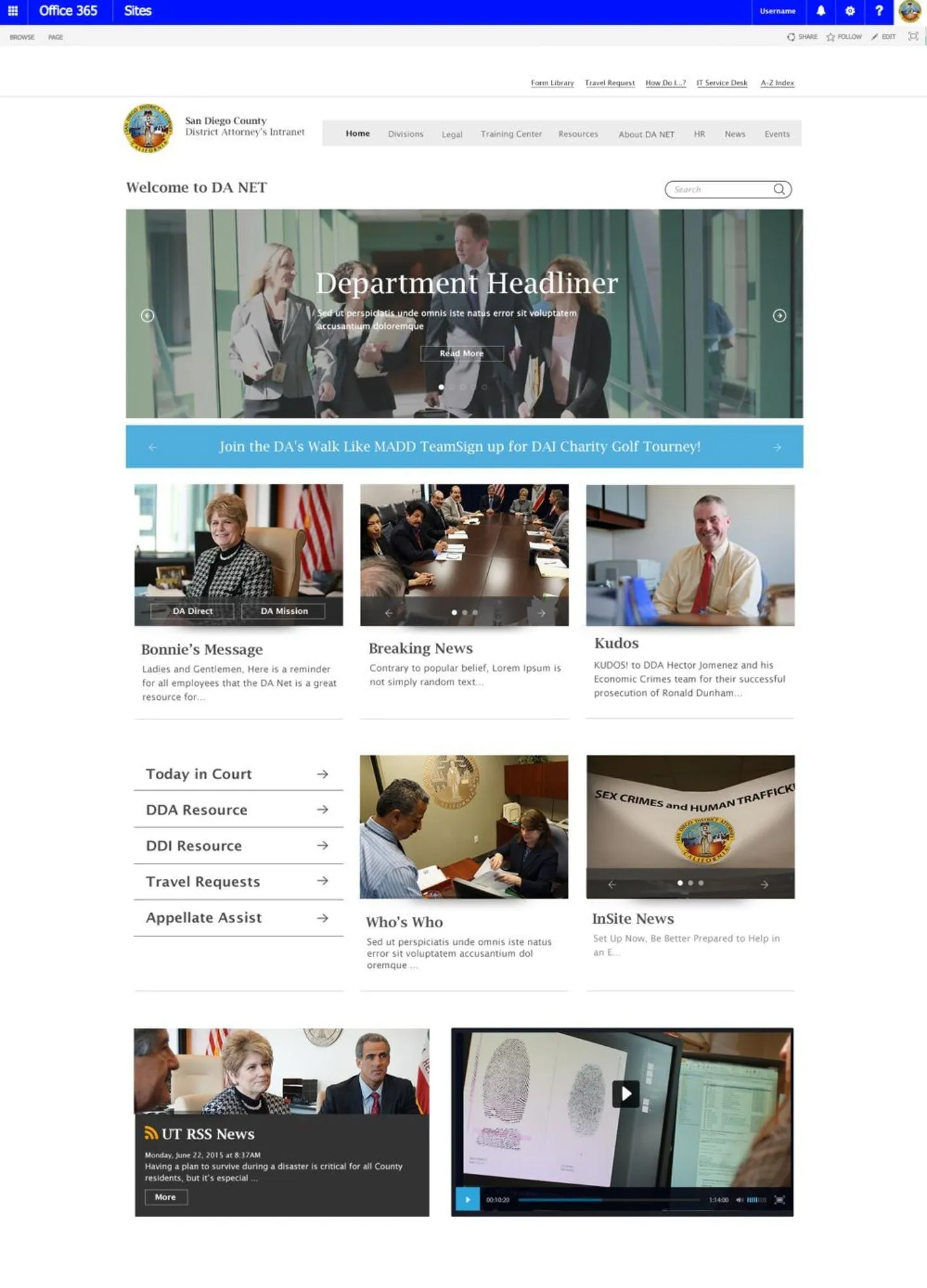 DA NET intranet homepage for the San Diego County District Attorney’s office