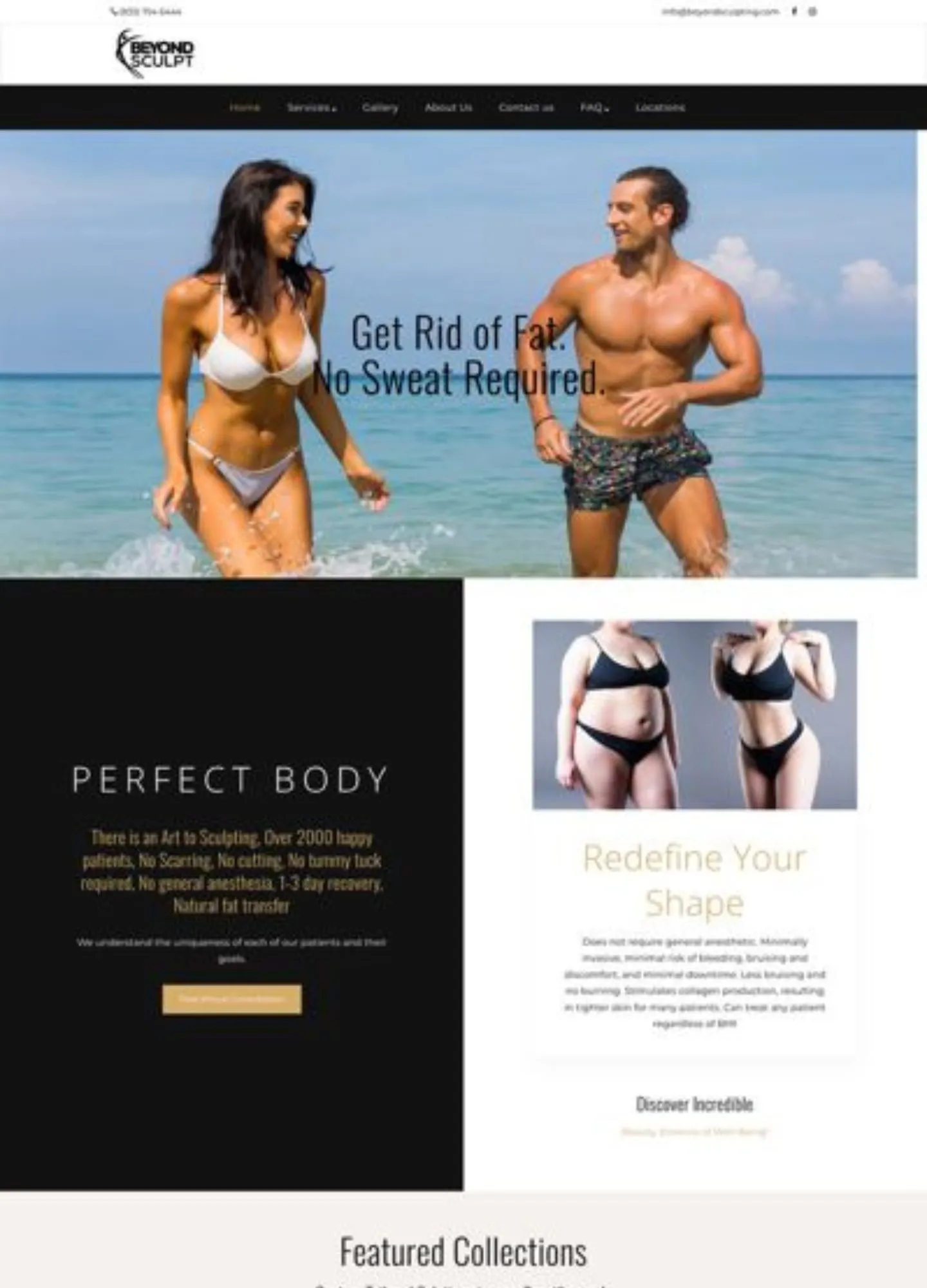 Body contouring clinic homepage with a beach photo