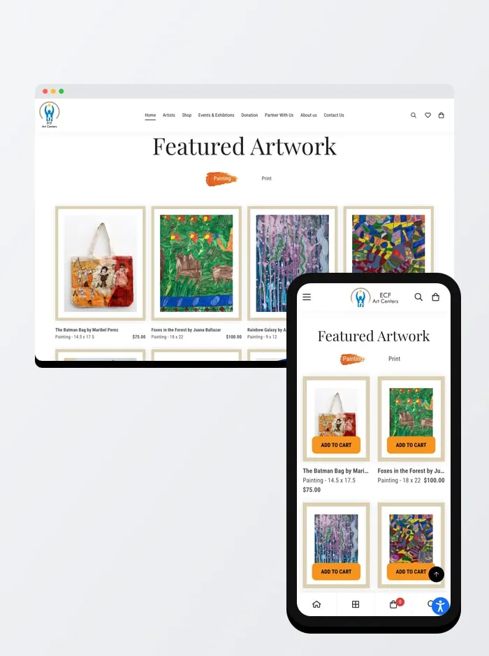 ECF Art Centers online art shop on a desktop browser and a phone