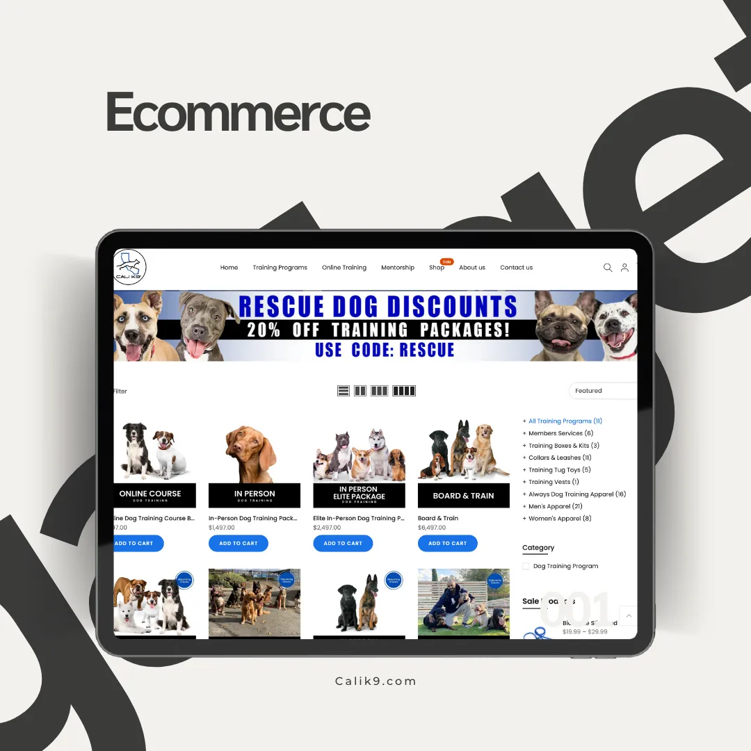 Dog training online store shown on a tablet