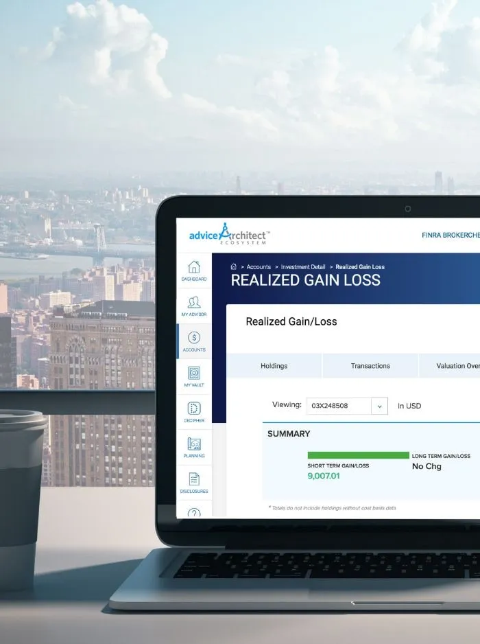Financial advisor dashboard showing realized gain and loss on a laptop