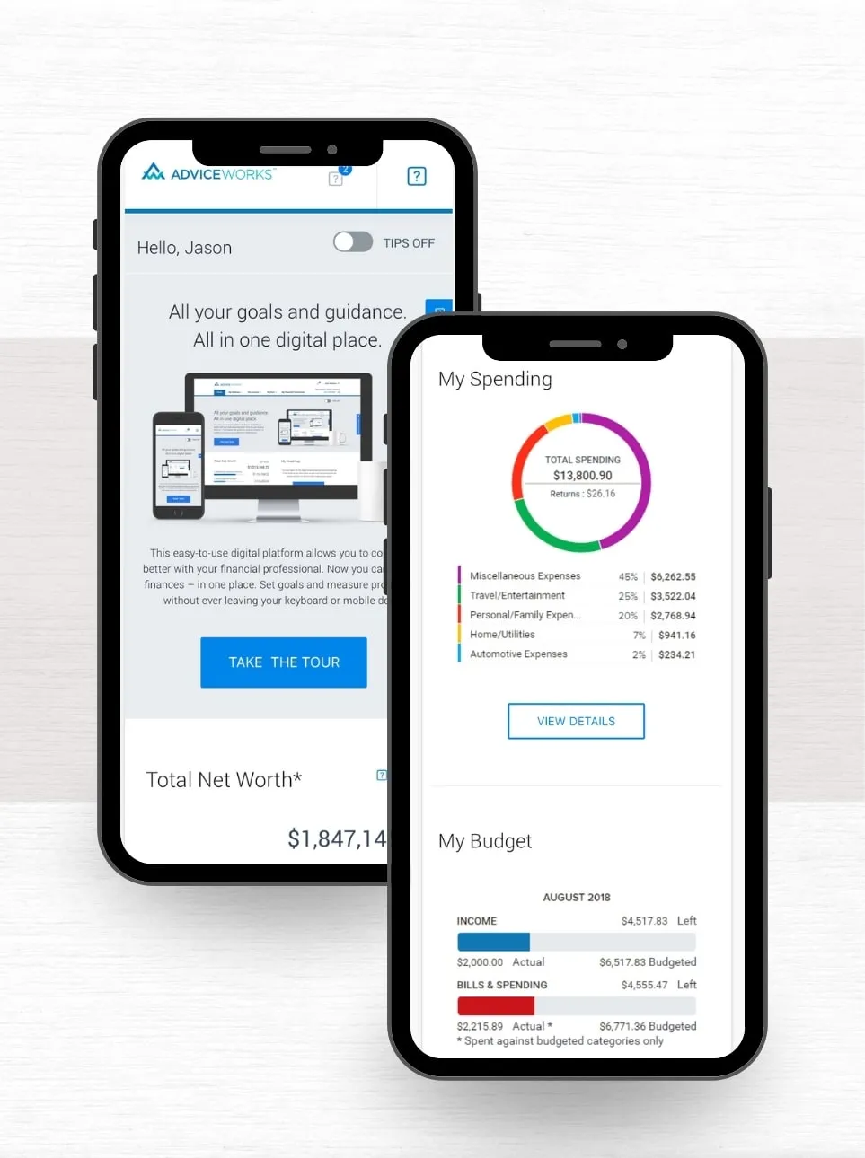 AdviceWorks mobile app on two iPhones, showing the welcome screen, spending breakdown and budget