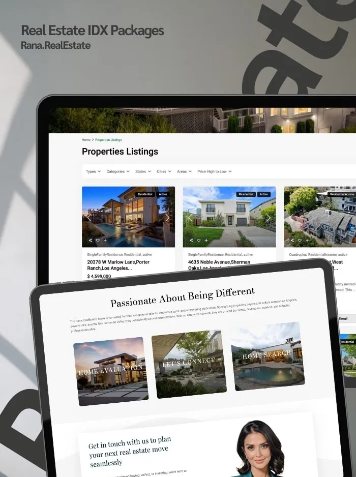 Real estate IDX packages, with the property listings page and the About section on a laptop and tablet