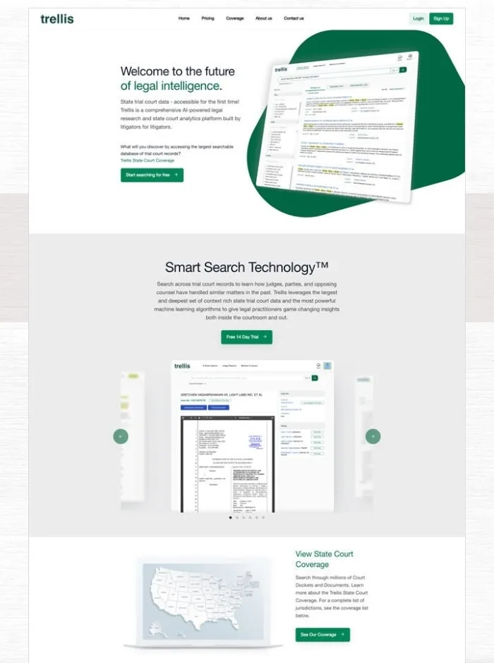 Trellis homepage, "Welcome to the future of legal intelligence", with the Smart Search Technology and state coverage sections