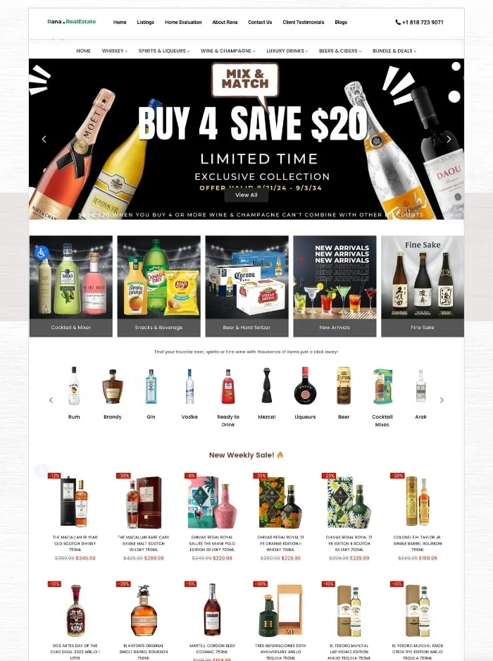 ShopSK homepage with a Mix and Match "Buy 4, save $20" banner, category tiles and weekly sale products