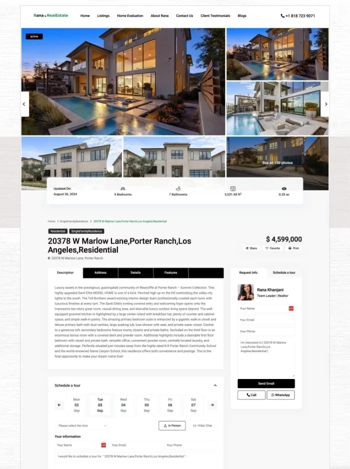 Property detail page for 20378 W Marlow Lane, Porter Ranch, with a photo gallery, facts and a tour request form