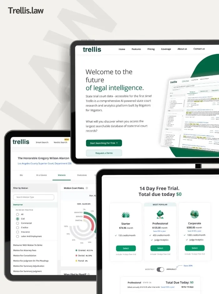 Trellis.law on a laptop, tablet and phone, showing the homepage, a judge profile and the free trial plans