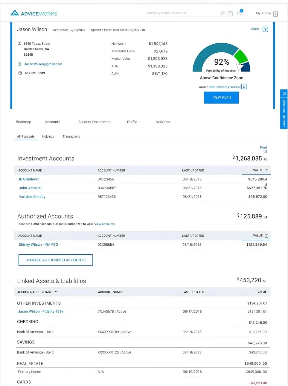 Advisor view of a client profile with investment accounts and a 92% goal confidence gauge