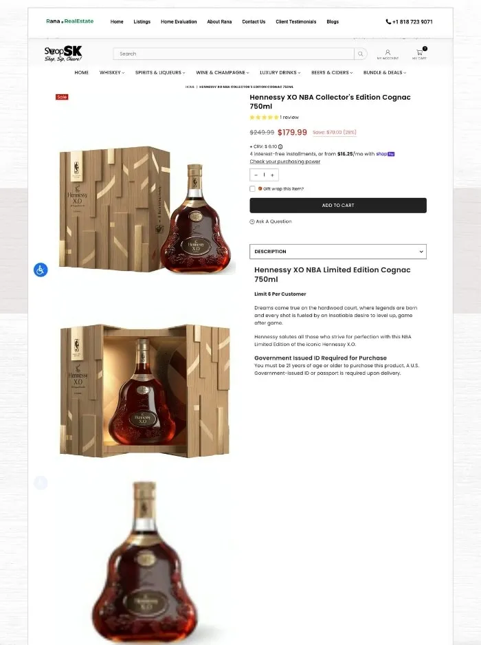 ShopSK product page for a limited edition Hennessy cognac