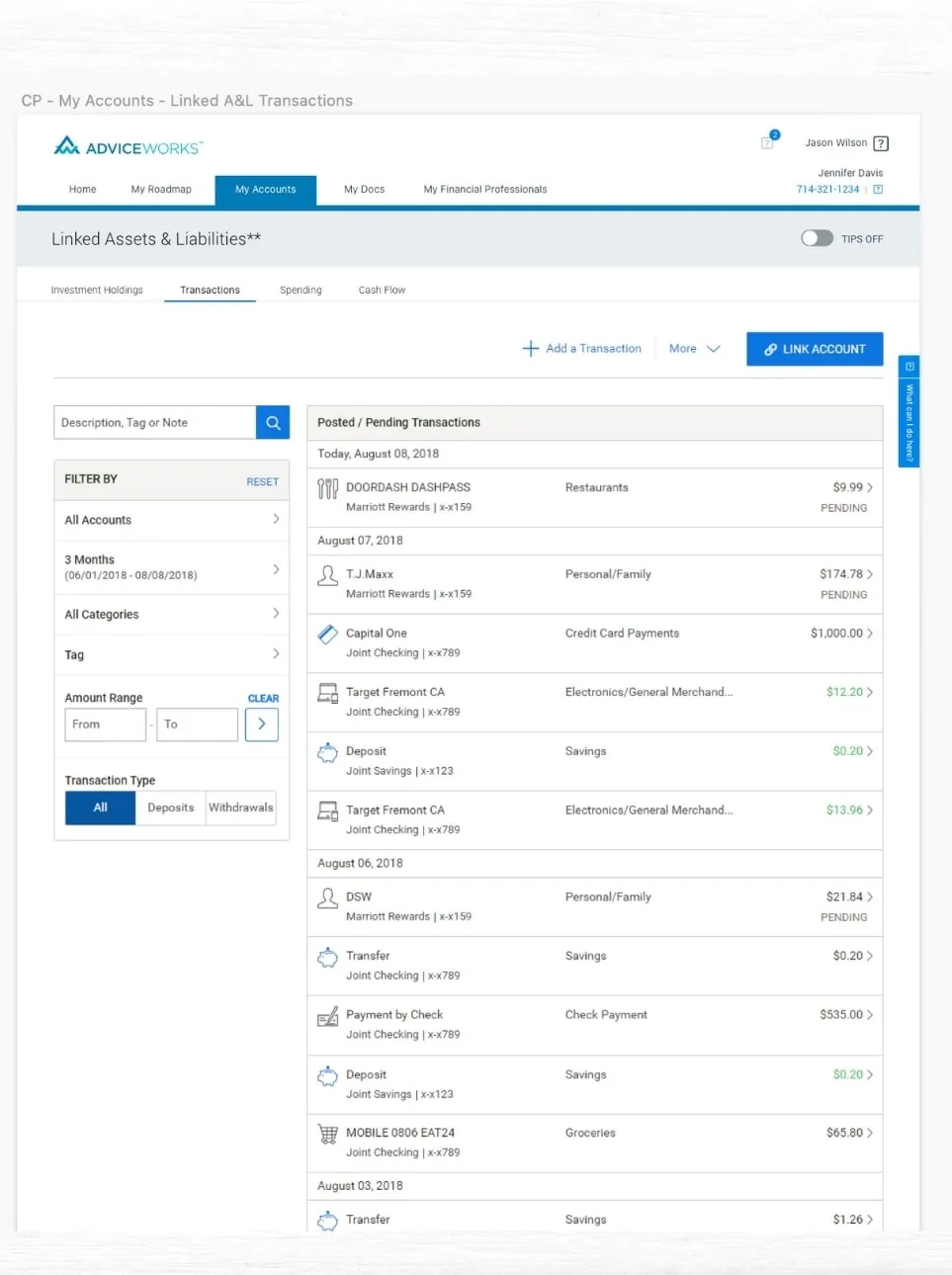 Linked assets and liabilities page with a filterable transaction list