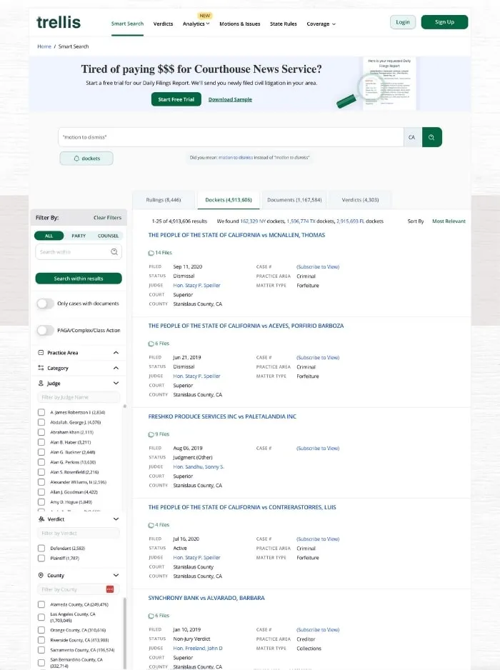 Trellis search results with a banner offering a cheaper alternative to courthouse news services