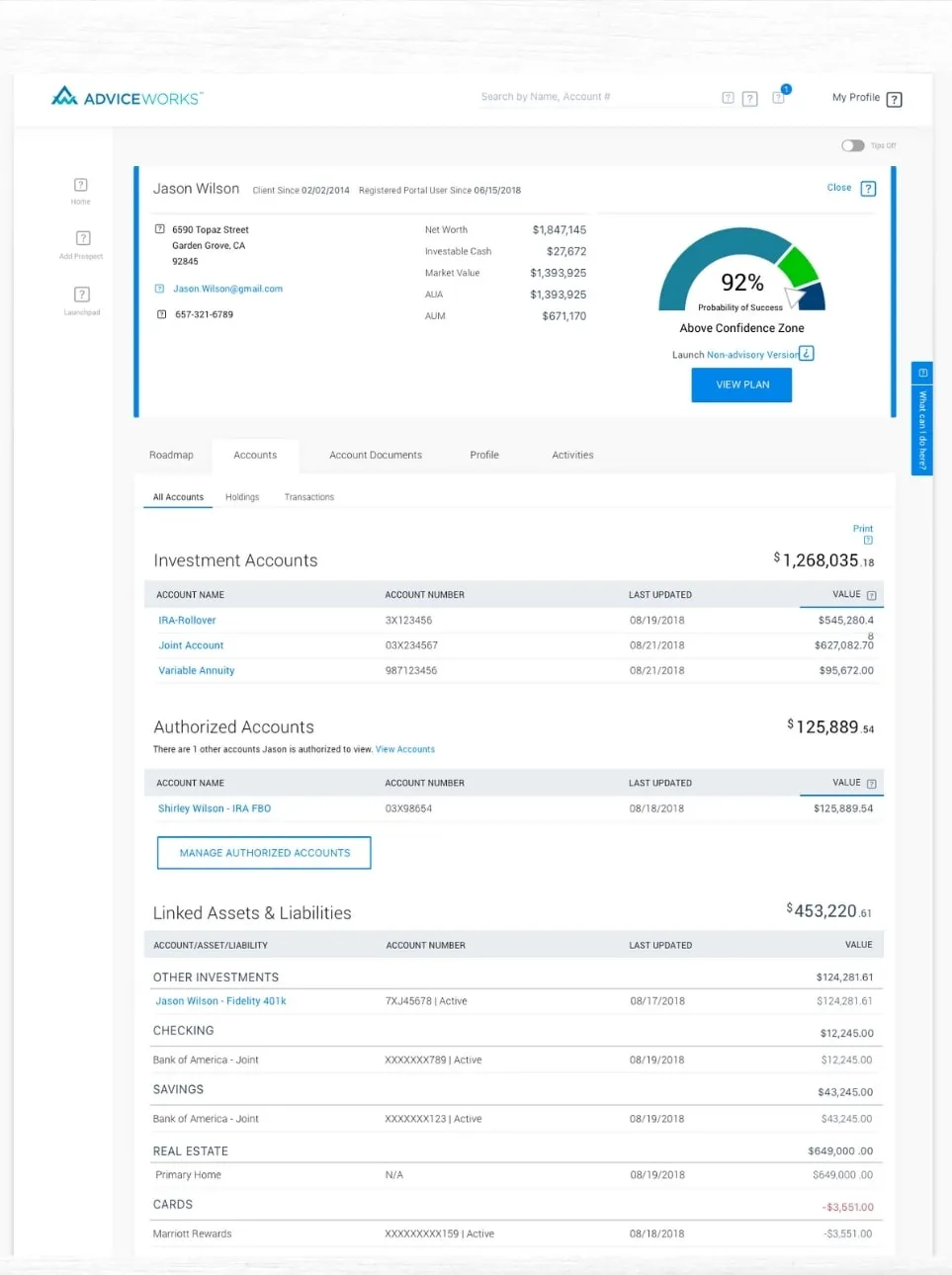 Client dashboard with investment, authorized and linked accounts
