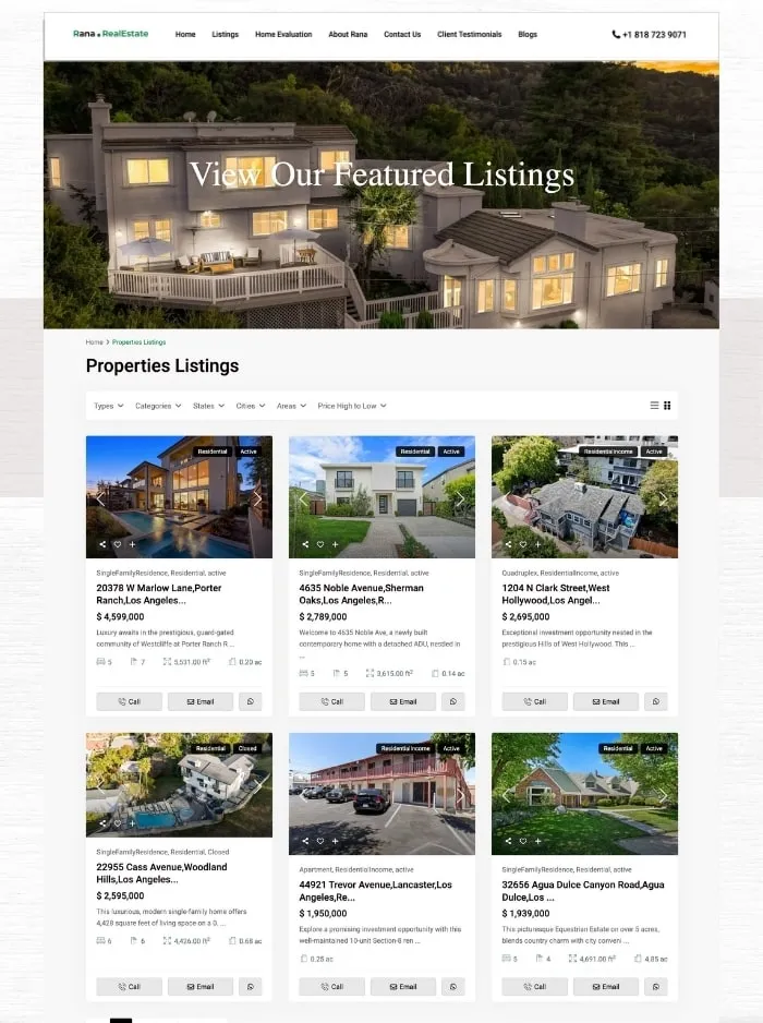 Featured listings page with a grid of property cards
