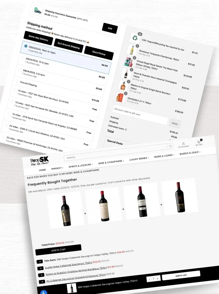 ShopSK shipping options at checkout and a "Frequently bought together" wine section