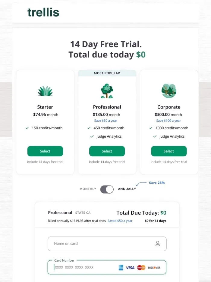 Trellis subscription page with Starter, Professional and Corporate plans and a 14-day free trial