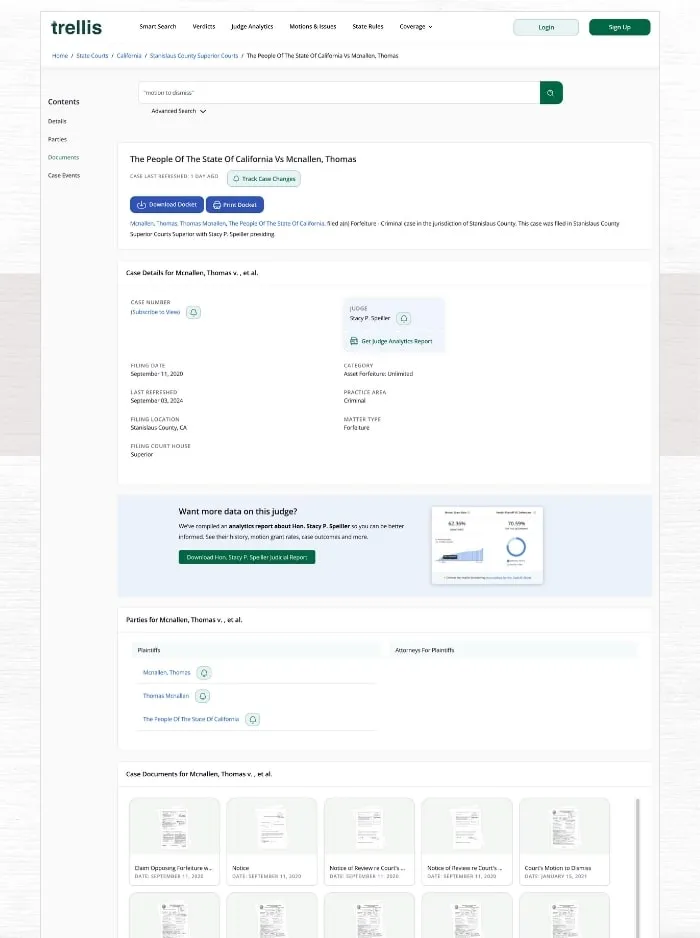 Trellis case details page with docket entries and related documents