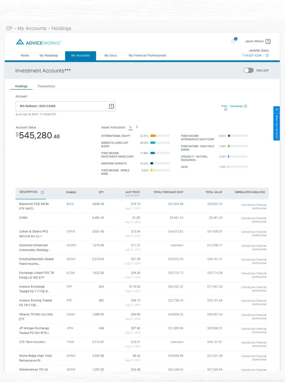 Investment accounts holdings page with an account value summary and a holdings table