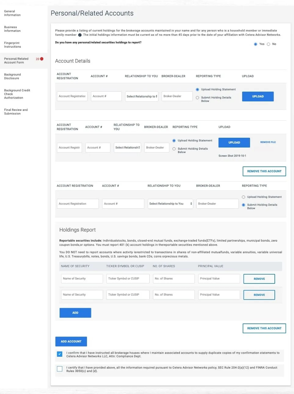 Client onboarding form for personal and related accounts and a holdings report