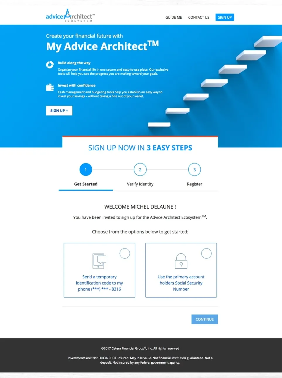 My Advice Architect sign-up page with three easy steps to get started