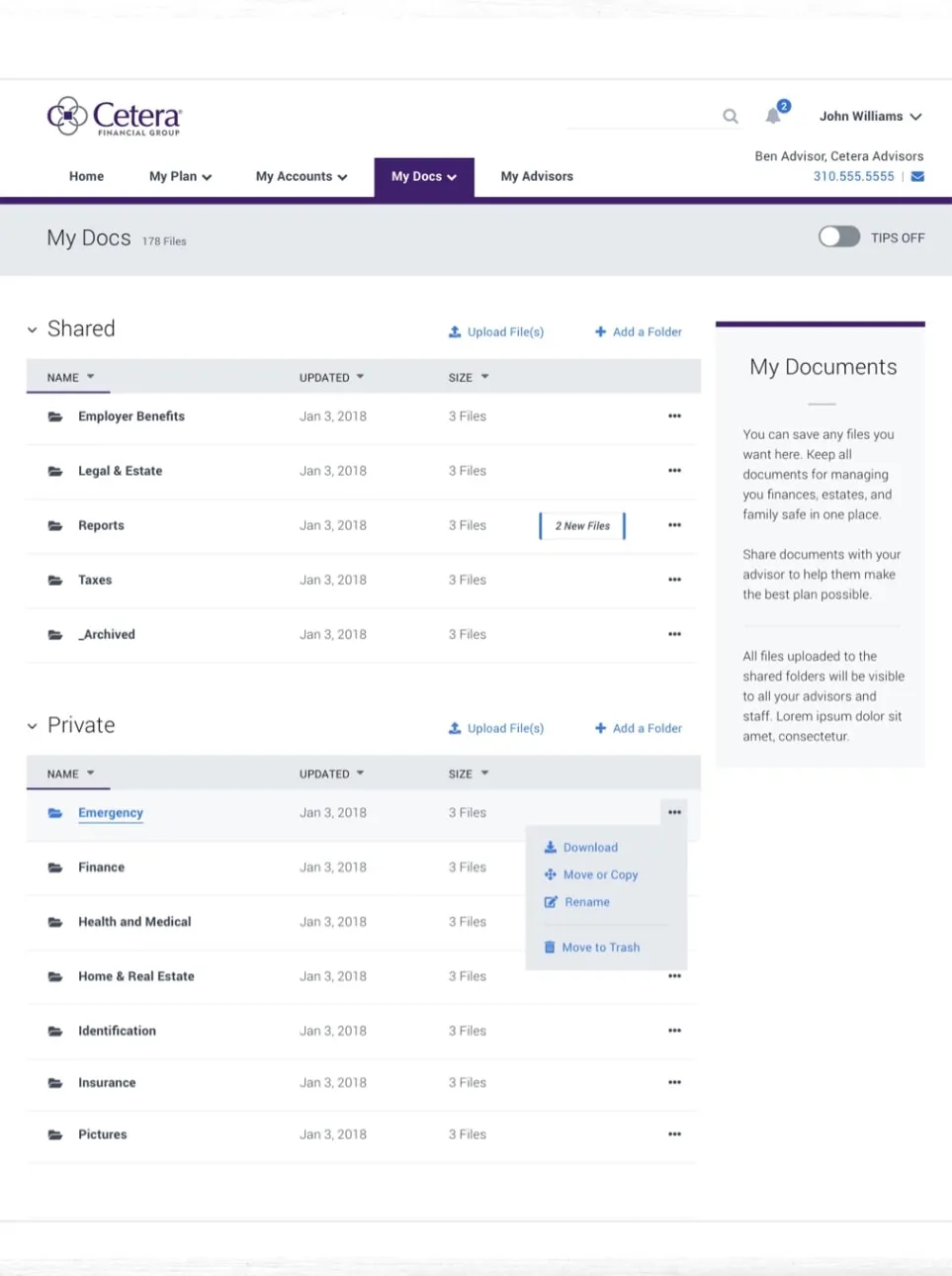 Cetera My Docs page with shared and private document folders