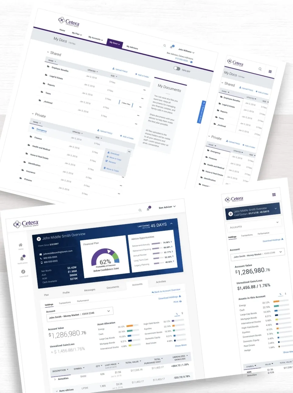 Angled screens of the Cetera advisor and client dashboards