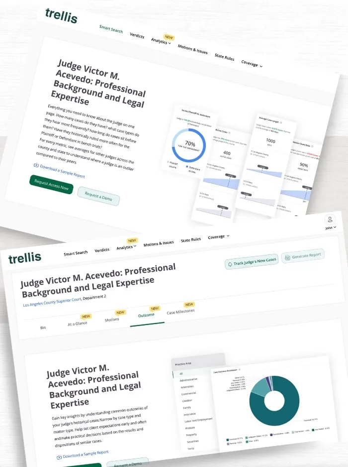 Angled screens of judge profile pages with a ruling breakdown chart