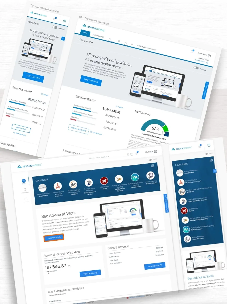 Angled screens of the AdviceWorks marketing site and goal planning tools