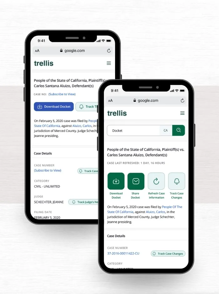 Trellis mobile search and case details on two iPhones