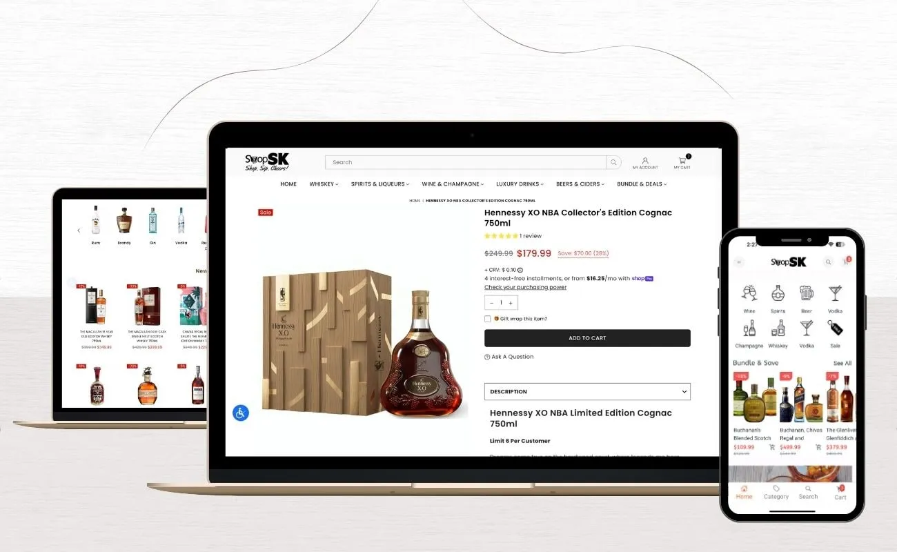ShopSK online liquor store on a laptop, tablet and phone, showing a Hennessy cognac product page and the app's category menu