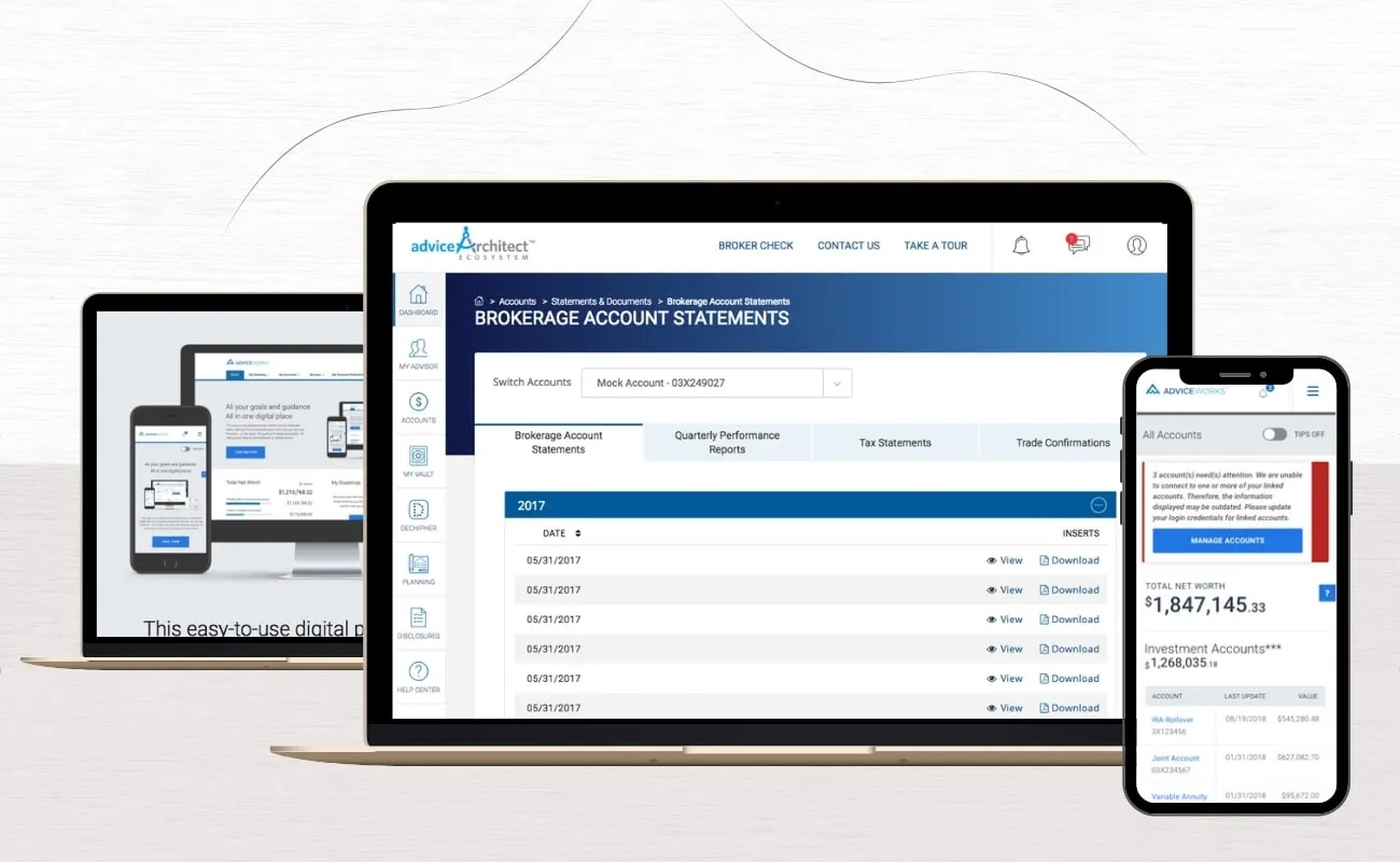 Cetera AdviceWorks app on a laptop, tablet and phone, showing brokerage account statements and a net worth summary