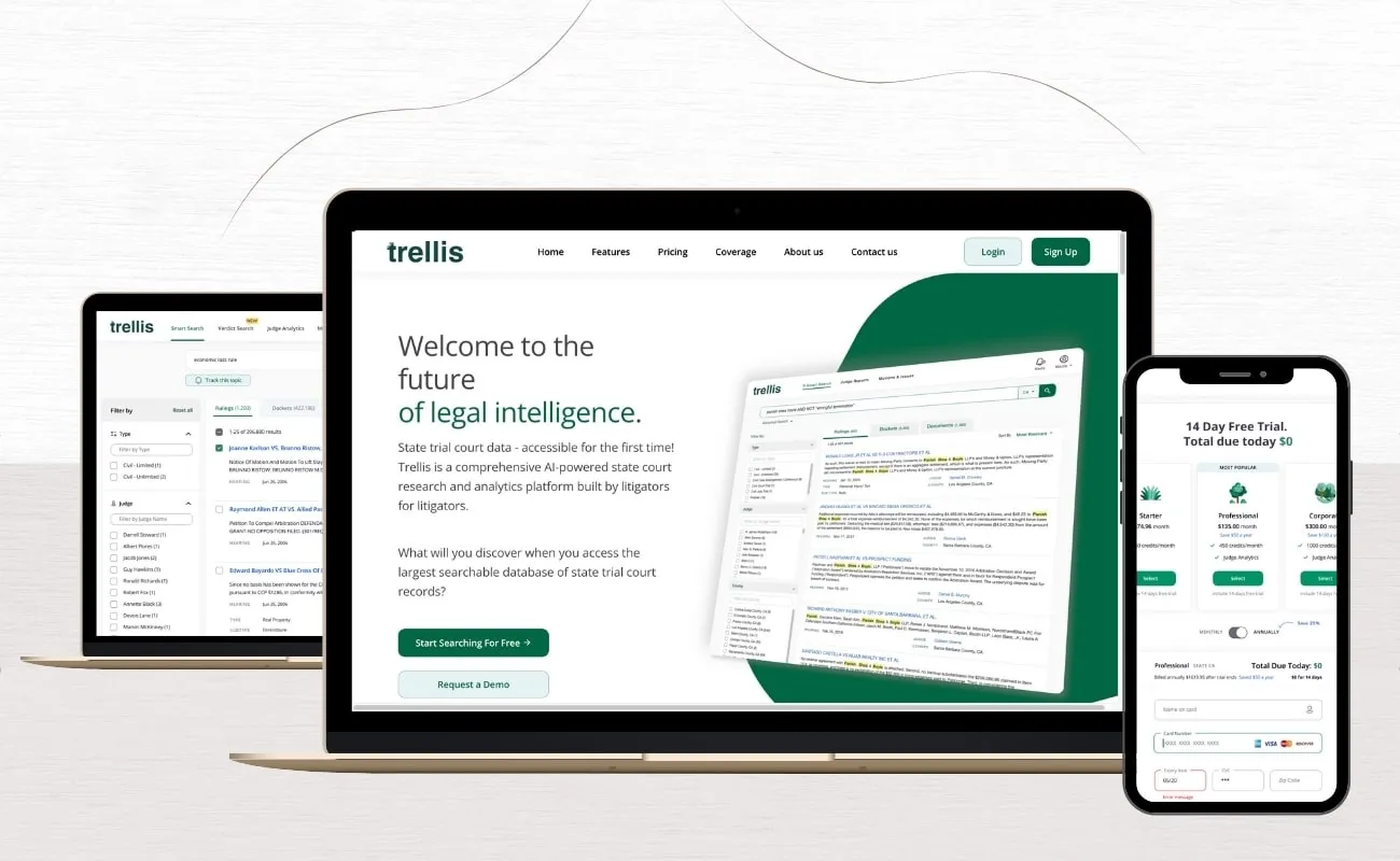 Trellis legal research platform on a laptop, tablet and phone, showing the homepage and the 14-day free trial pricing