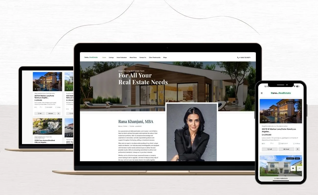 Rana.RealEstate website on a laptop, tablet and phone, showing the homepage and Rana Khanjani's agent profile