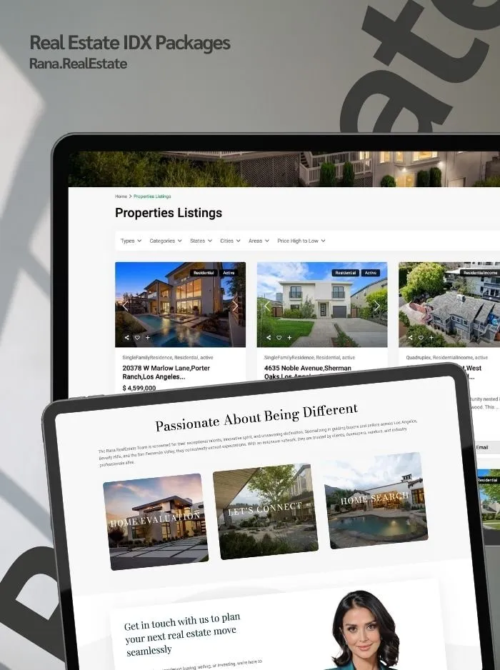 Rana.RealEstate property listings page shown on a laptop and tablet