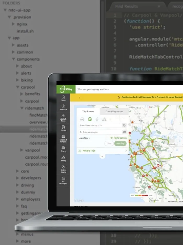 Bay Area trip planner and carpool app shown on a laptop