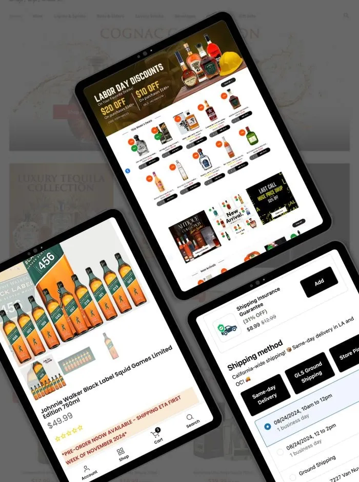 Liquor store Shopify website shown on a tablet and a phone