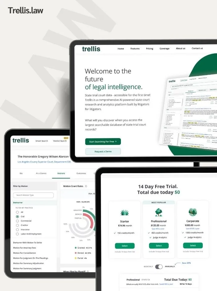 Trellis legal research platform screens on a laptop, tablet and phone